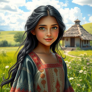 A stunning village girl with striking beauty, standing gracefully in a serene countryside setting