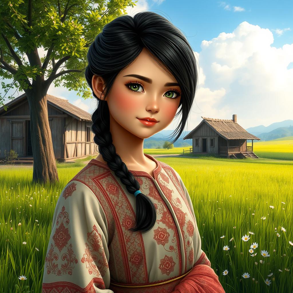 A stunning village girl with striking beauty, standing gracefully in a serene countryside setting