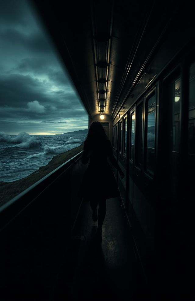 A surreal scene of a train called 'The Midnight Express' that morphs reality, set at night with a dark and eerie atmosphere