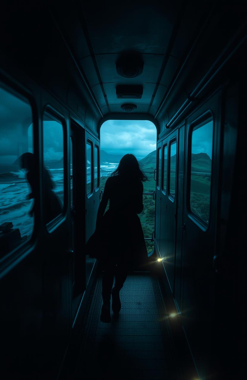 A surreal scene of a train called 'The Midnight Express' that morphs reality, set at night with a dark and eerie atmosphere