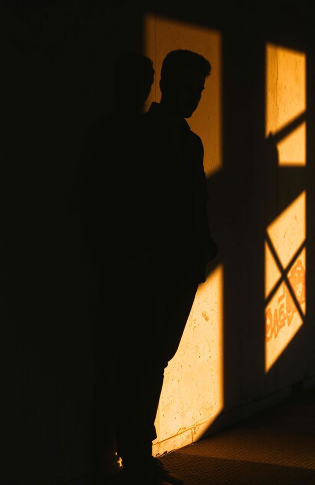 A dramatic and atmospheric image of a man's shadow cast on a textured wall