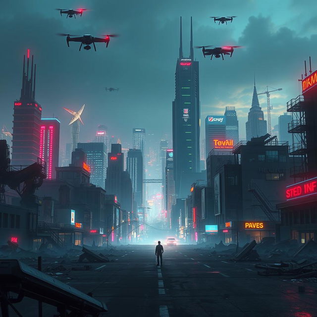 An expansive view of a futuristic city illuminated by vibrant neon lights, showcasing a blend of beauty and decay