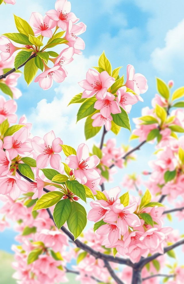 A beautiful watercolor painting of a cherry blossom tree in full bloom, showcasing delicate pink flowers and vibrant green leaves