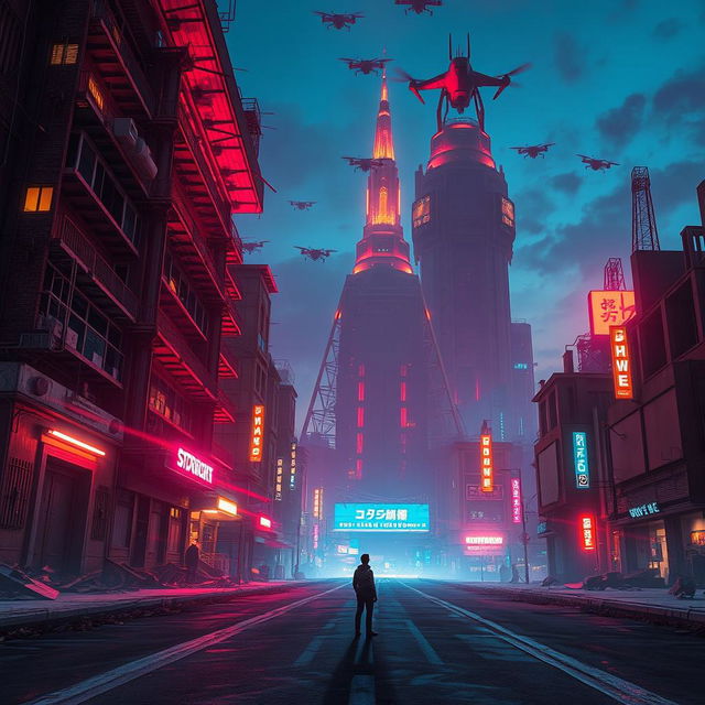 A captivating scene of a futuristic city illuminated by vibrant neon lighting, featuring elements of decay and destruction