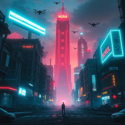 A captivating scene of a futuristic city illuminated by vibrant neon lighting, featuring elements of decay and destruction