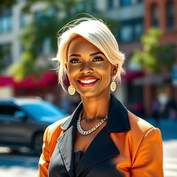 A 35-year-old woman with light blonde hair and African features, dressed elegantly