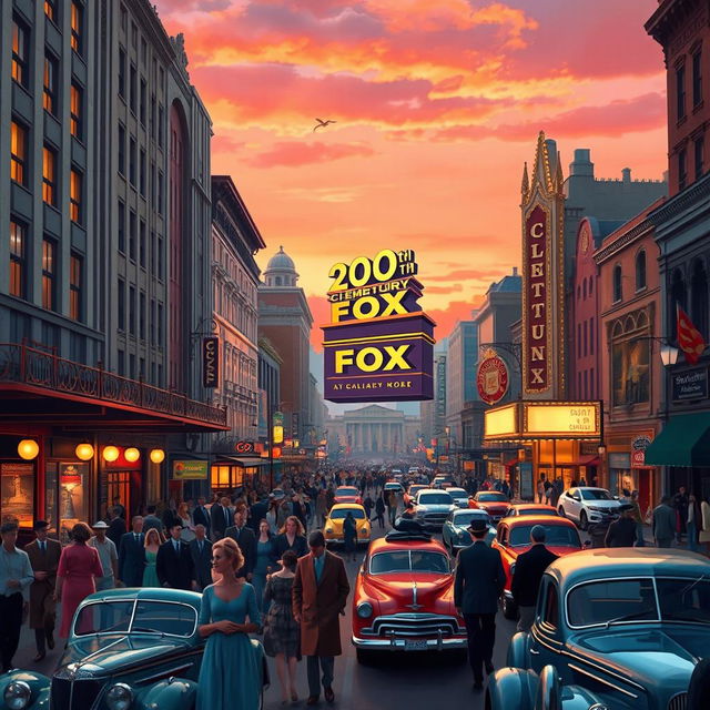 A vibrant depiction of a bustling city inspired by the classic 20th Century Fox films