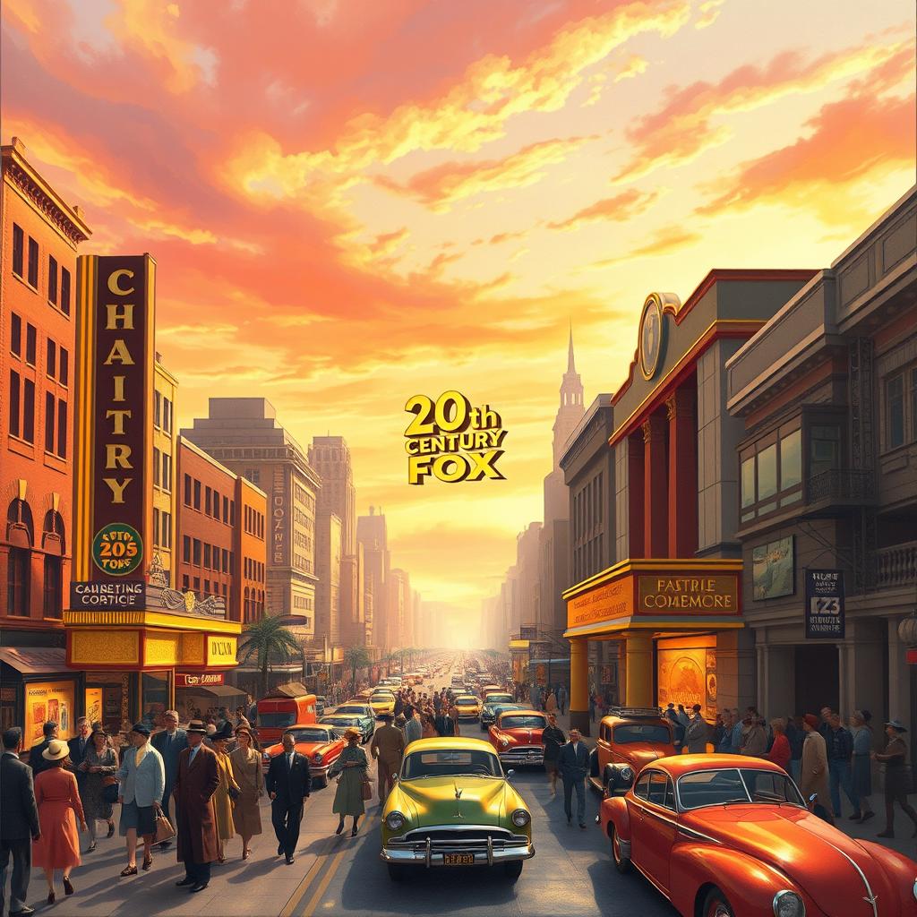 A vibrant depiction of a bustling city inspired by the classic 20th Century Fox films