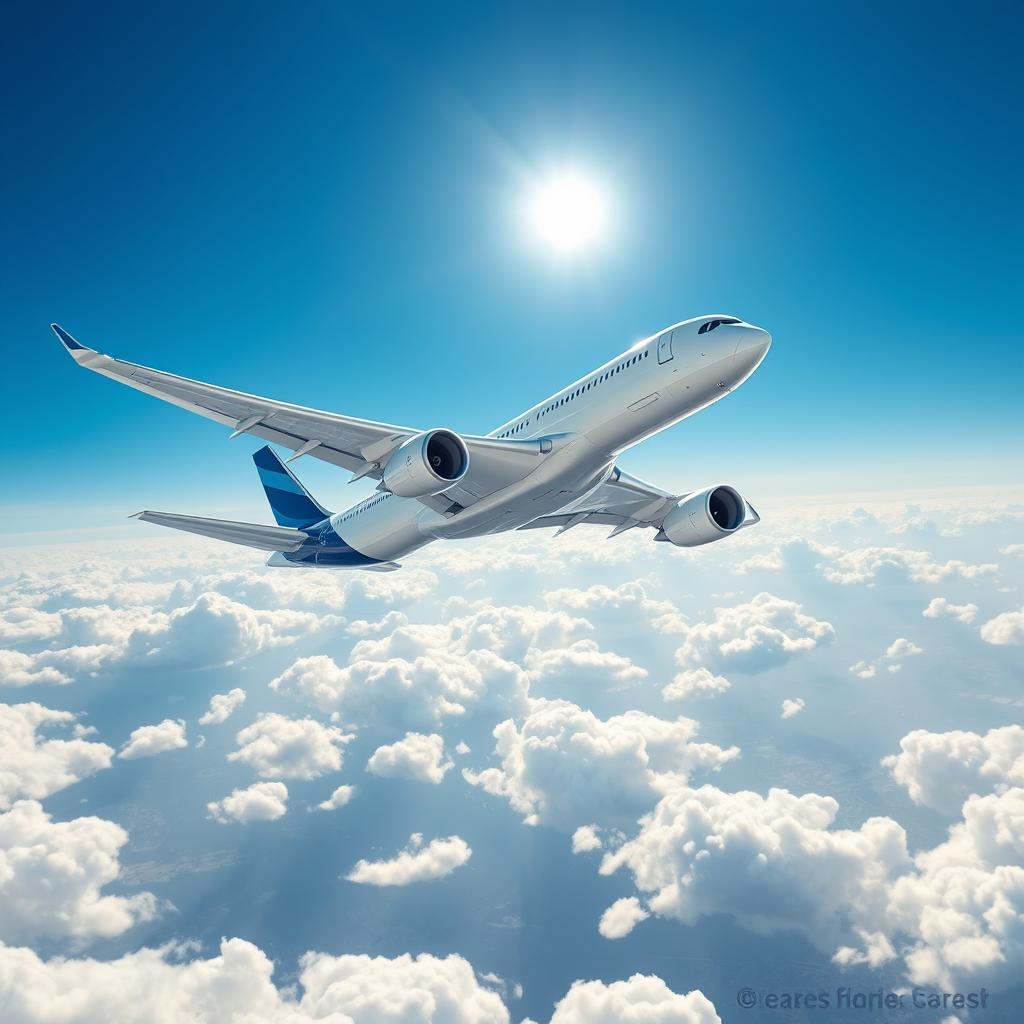 A detailed and dynamic portrayal of an Airbus A350 aircraft soaring through a clear blue sky