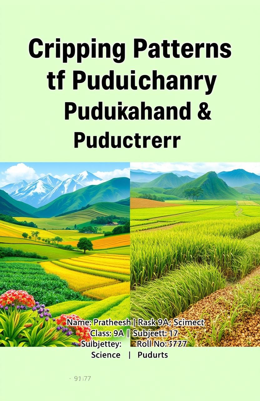 A cover page for a school project titled 'Cropping Patterns of Uttarakhand & Puducherry' prominently displayed at the top in bold, modern font