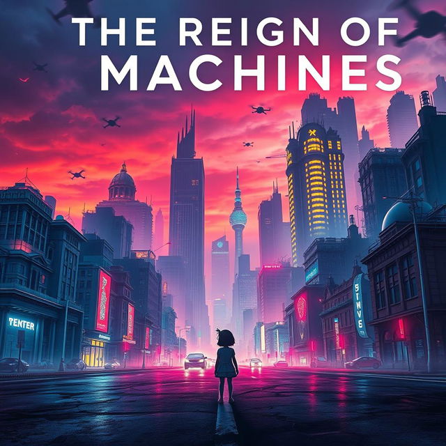 An intriguing book cover for "The Reign of Machines" featuring a futuristic cityscape illuminated by vibrant neon lighting