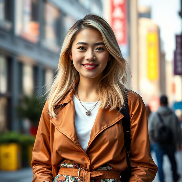 A 30-year-old Asian woman with light blonde hair, dressed stylishly