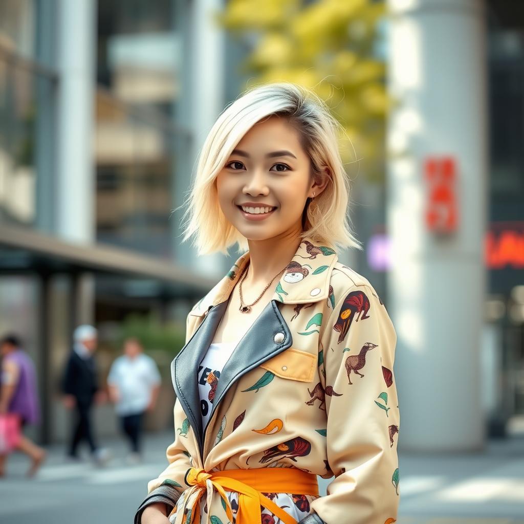 A 30-year-old Asian woman with light blonde hair, dressed stylishly