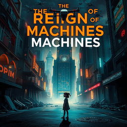 A powerful book cover for "The Reign of Machines" featuring a captivating futuristic city illuminated by neon lighting