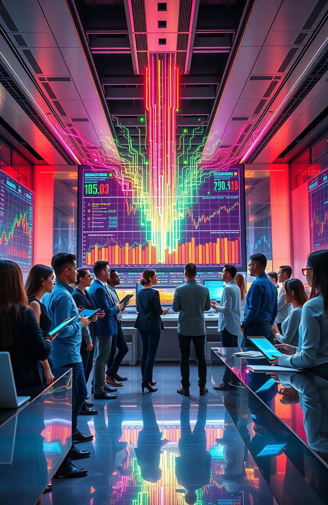 A futuristic scene depicting the impact of artificial intelligence on financial decision-making