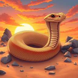 A giant western rattlesnake with sand-colored scales, showcasing intricate details in its texture, curled up majestically among desert rocks