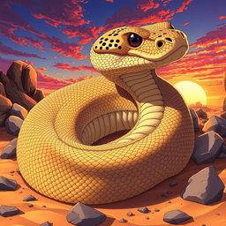 A giant western rattlesnake with sand-colored scales, showcasing intricate details in its texture, curled up majestically among desert rocks