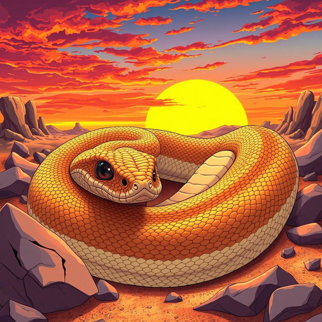 A giant western rattlesnake with sand-colored scales, showcasing intricate details in its texture, curled up majestically among desert rocks