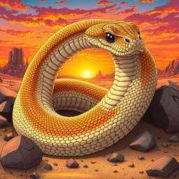 A giant western rattlesnake with sand-colored scales, showcasing intricate details in its texture, curled up majestically among desert rocks