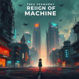 A gripping book cover for "The Reign of Machines" depicting a futuristic city filled with striking neon lighting