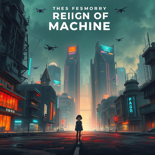 A gripping book cover for "The Reign of Machines" depicting a futuristic city filled with striking neon lighting