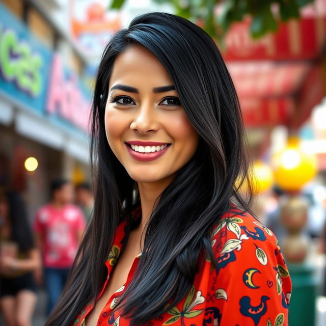 A 30-year-old Latina woman with long black hair, styled elegantly