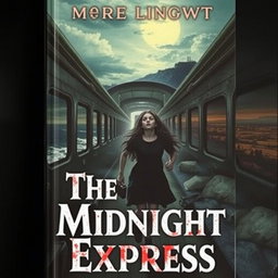 A captivating book cover for 'The Midnight Express', featuring a surreal train that morphs reality