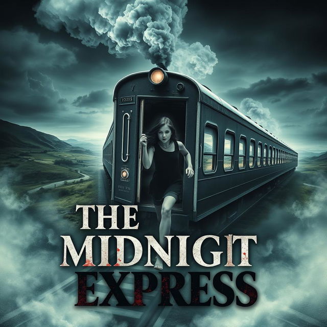 A captivating book cover for 'The Midnight Express', featuring a surreal train that morphs reality