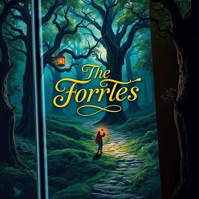 A captivating and imaginative book cover design featuring a mystical forest landscape with towering ancient trees, softly glowing lights filtering through the leaves, and a winding path leading into the depths of the forest