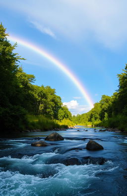 A serene natural landscape featuring a flowing river surrounded by lush green trees