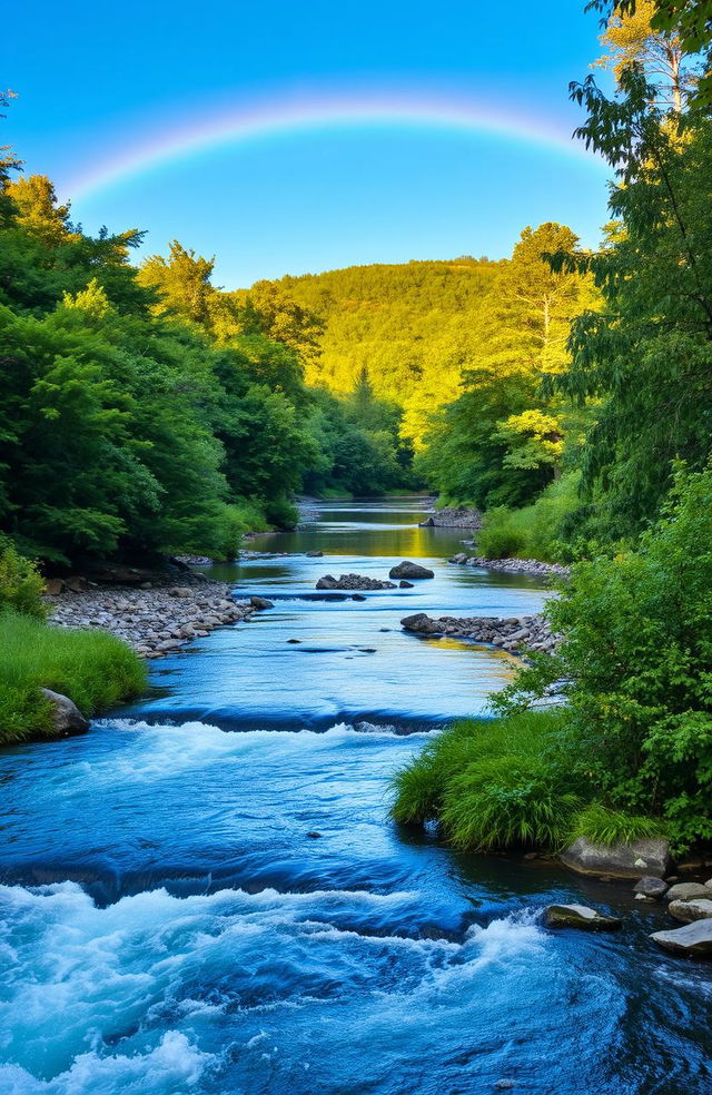 A serene natural landscape featuring a flowing river surrounded by lush green trees