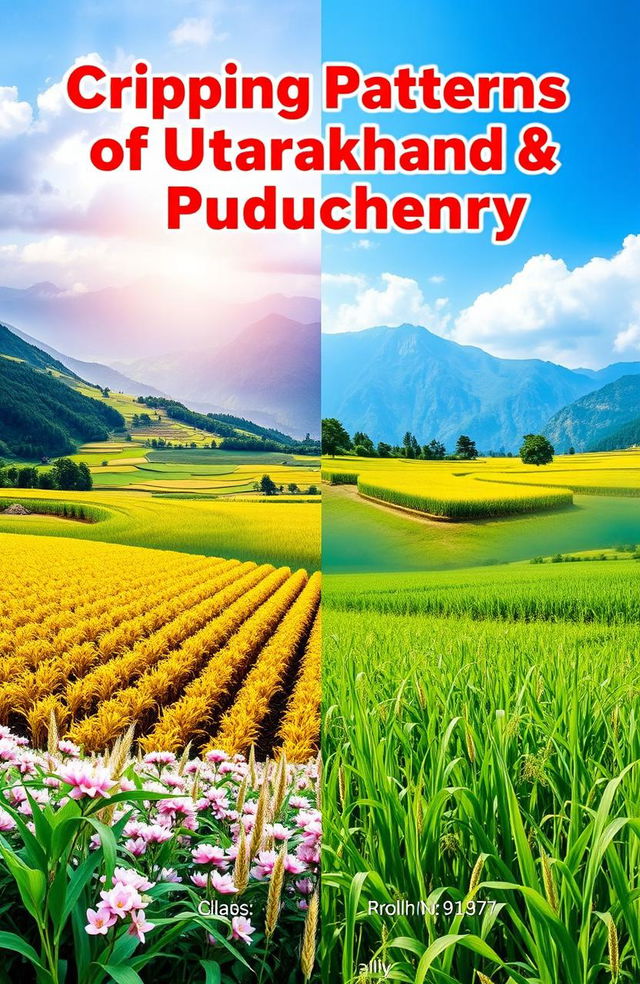 A vibrant and modern cover page design featuring the title 'Cropping Patterns of Uttarakhand & Puducherry' prominently displayed at the top in bold, contemporary font