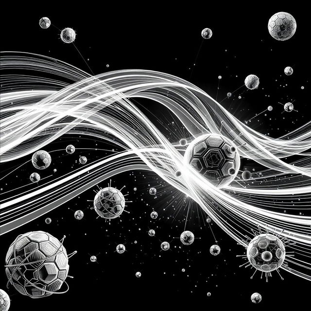 A stunning black and white illustration of electromagnetic waves interacting with various forms of matter, prominently featuring vibrant waves overlapping with structures like atoms and particles