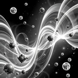 A stunning black and white illustration of electromagnetic waves interacting with various forms of matter, prominently featuring vibrant waves overlapping with structures like atoms and particles