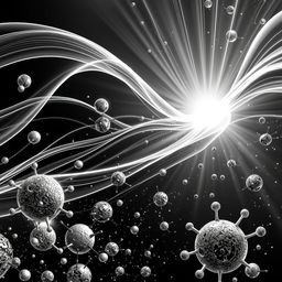 A stunning black and white illustration of electromagnetic waves interacting with various forms of matter, prominently featuring vibrant waves overlapping with structures like atoms and particles