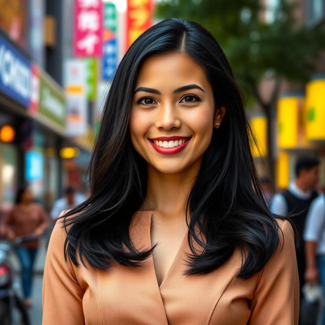 A 30-year-old Latina woman with long black hair, styled elegantly