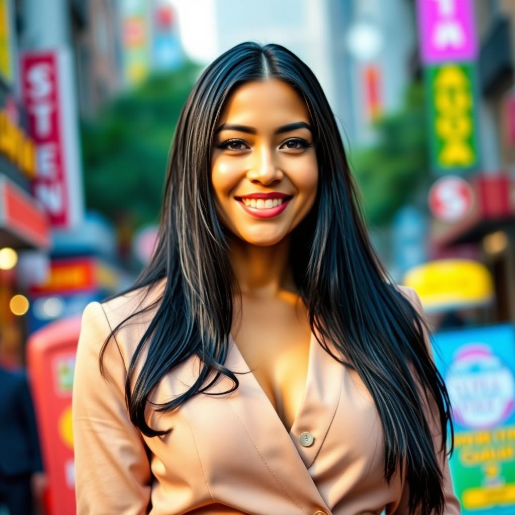 A 30-year-old Latina woman with long black hair, styled elegantly