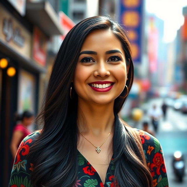 A 30-year-old Latina woman with long black hair, elegantly styled