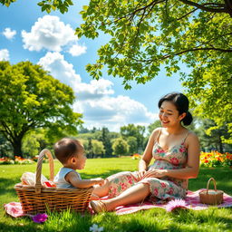 A heartwarming scene of a mother and child enjoying a sunny day in a park