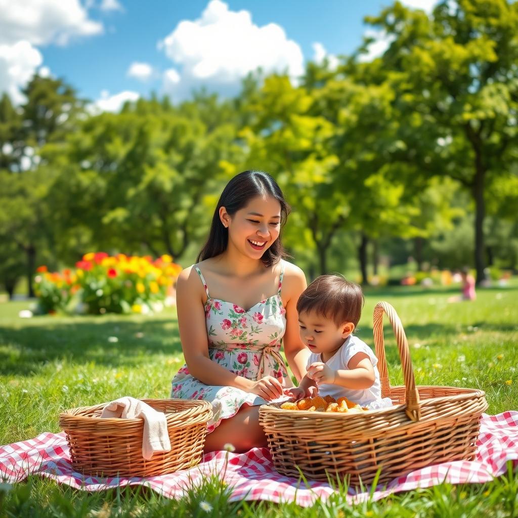 A heartwarming scene of a mother and child enjoying a sunny day in a park