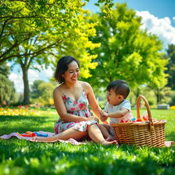 A heartwarming scene of a mother and child enjoying a sunny day in a park