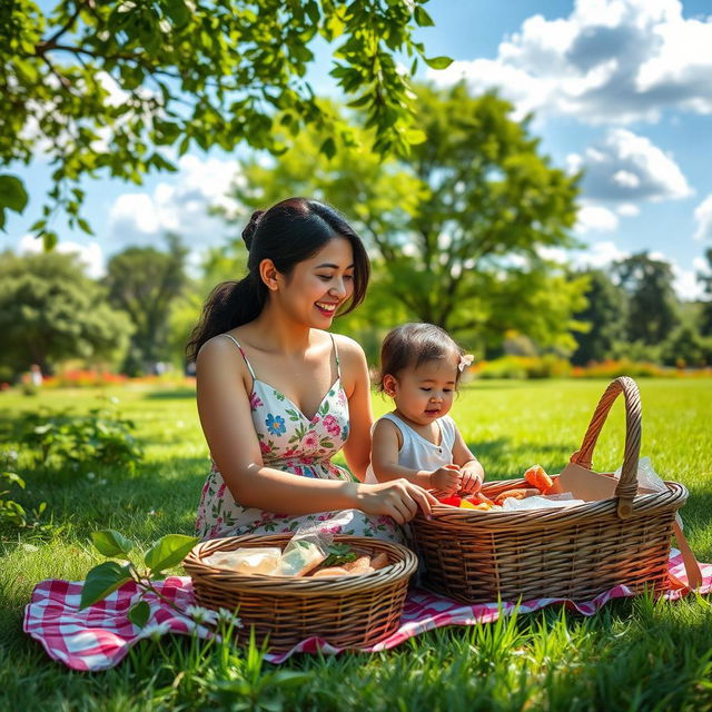 A heartwarming scene of a mother and child enjoying a sunny day in a park