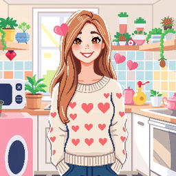 A charming pixel art depiction of a lovely mother figure, characterized by soft, pastel colors