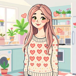 A charming pixel art depiction of a lovely mother figure, characterized by soft, pastel colors