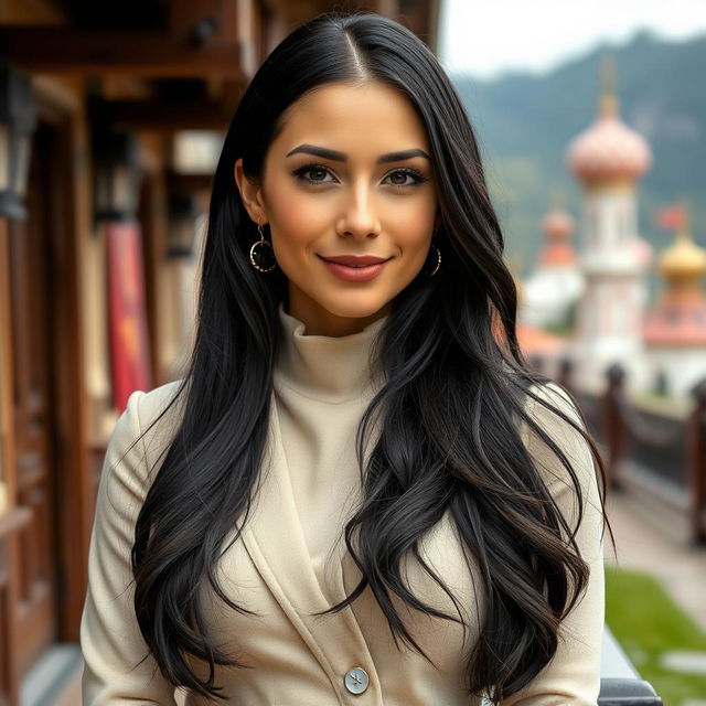 A 30-year-old Russian woman with long black hair, styled elegantly