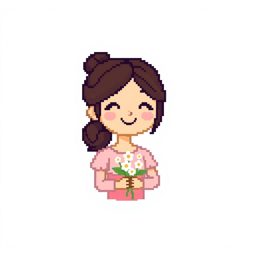 A delightful pixel art icon of a lovely mother figure, designed in a cute and simple style