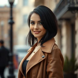 A 30-year-old Russian woman with black hair, elegantly dressed in stylish clothing