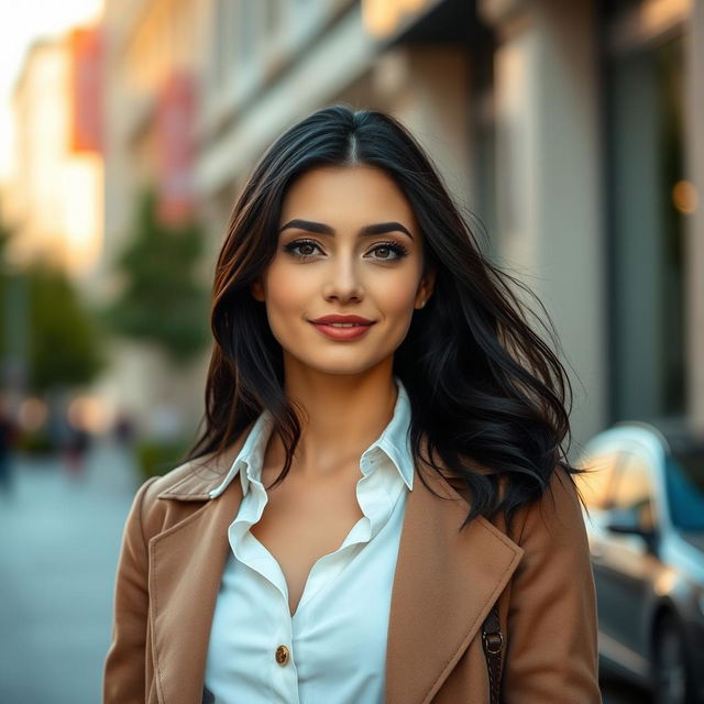 A 30-year-old Russian woman with black hair, elegantly dressed in stylish clothing