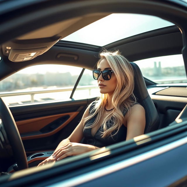 A stylish 30-year-old blonde woman sitting comfortably inside a luxurious Porsche sports car