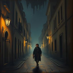 A portrait of a dimly lit street at night, featuring a solitary man walking with a fearful expression